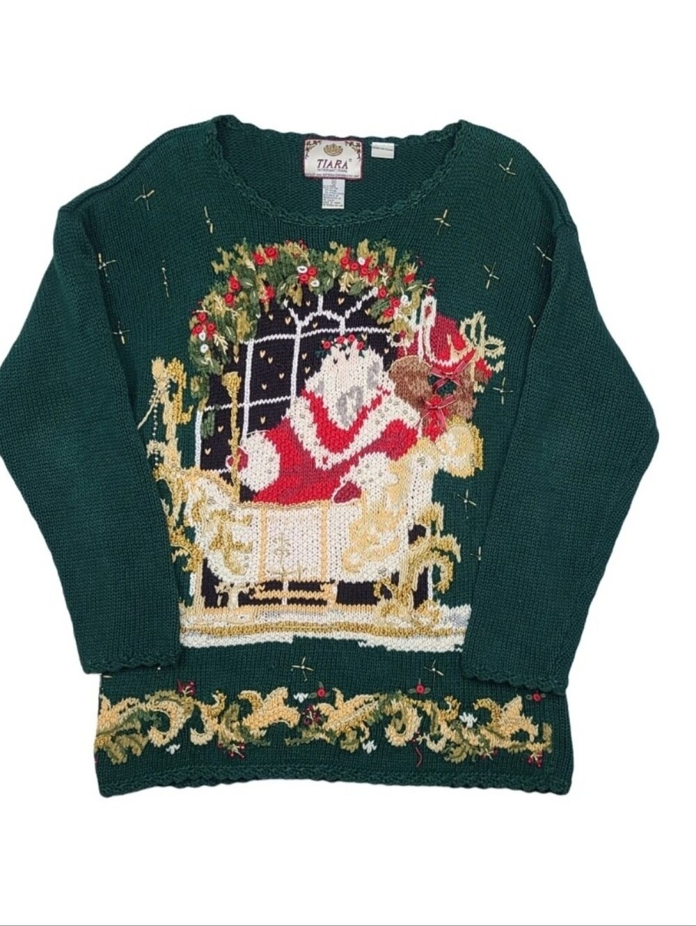 Vintage Tiara International Christmas Holiday Sweater BIG Santa Claus Sleigh - M